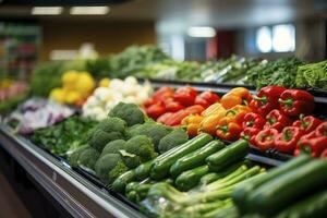 AI generated Fruits and vegetables on shop stand in supermarket grocery store. AI Generated photo