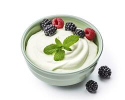 AI generated Green bowl of greek yogurt and fresh berries isolated on white background. AI Generated photo