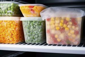 AI generated Frozen food in the freezer. Frozen vegetables. AI Generated photo