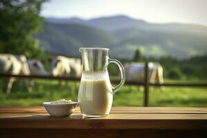 AI generated Glass pitcher with fresh milk on a wooden table. AI Generated photo