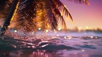 AI generated Beach with waves and coconut trees at sunset. Generative AI photo