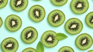 AI generated Slices of kiwi fruit and green mint leaves on a light pastel blue background. AI Generated photo