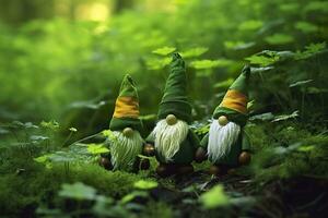 AI generated Toy Irish gnomes in a mystery forest, abstract green natural background. Generative AI photo