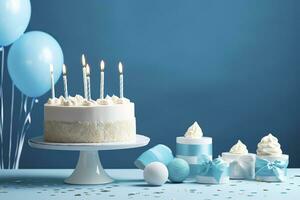 AI generated Birthday cake with candles and sweets on white table near blue wall. Generative AI photo