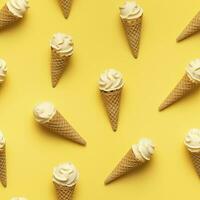 AI generated Ice Cream pattern on yellow background, top view. AI Generated photo