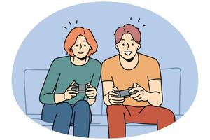 Smiling couple sit on sofa at home playing video game together. Happy man and woman have fun enjoy videogame with controllers. Vector illustration.