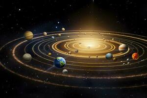 AI generated Our 3d Solar system with planets in orbits path. AI Generative photo