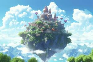 AI generated Ancient Heavenly Floating island in the sky with a castle, vibrant, fantasypunk, AI Generative photo