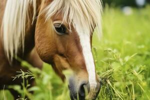 ai generado marrón caballo con rubio pelo come césped en un verde prado detalle desde el cabeza. ai generado foto