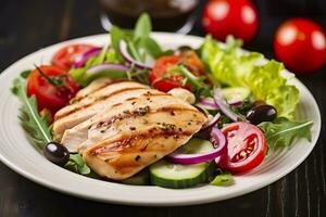 AI generated Grilled chicken breast with tomatoes, red pepper, organic green and kalamata olives. AI Generated photo