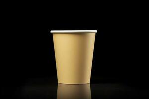 AI generated Side view yellow empty disposable paper fast food cup isolated on black background. Generative AI photo