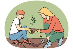 Caring young mother and son planting tree together. Smiling mom and child put seedling in ground care about nature and environment. Vector illustration.