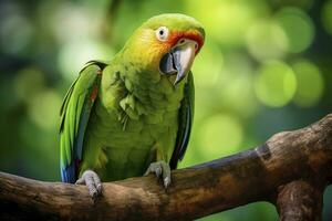AI generated A green parrot on a branch. AI Generated photo