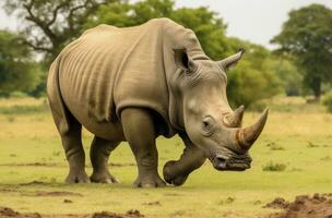 AI generated White Rhino grazing. AI Generated photo
