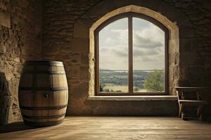 AI generated Barrel in an ancient castle beside the window. AI Generated photo