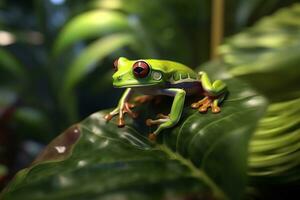 AI generated Tree Frog sitting on plant. AI Generated photo