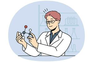 Smiling male scientist working with atom model in laboratory. Happy man researcher in uniform busy in lab. Science and biotechnology. Vector illustration.