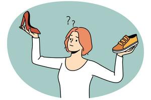 Confused young woman choosing between different shoes types. Frustrated girl make choice between sneakers and heels. Fashion and style. Vector illustration.