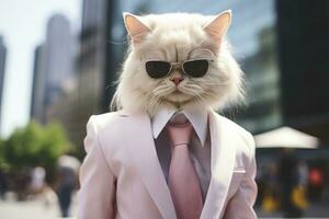 AI generated A cat is wearing sunglasses, suit and standing on street. AI Generated photo