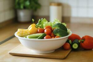 AI generated Kitchen still life with white bowl of washed vegetables on wooden desk. AI Generated photo