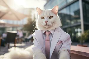 AI generated A cat is wearing sunglasses, suit and standing on street. AI Generated photo
