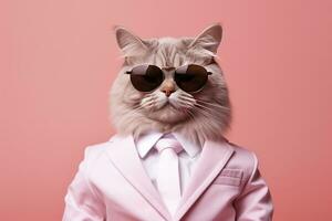 AI generated A cat is wearing sunglasses and suit on Pink Background. AI Generated photo