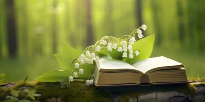 AI generated Lily of the Valley flowers and old books in the forest, green natural background. AI Generated photo