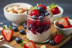 AI generated Mixed berries overnight oats with almond flakes in a glass jar, healthy breakfast.  AI Generated photo