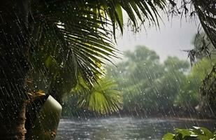 ai generado lluvia en el zona tropical durante el bajo temporada o monzón estación. gotas de lluvia en un jardín. generativo ai foto