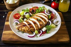 AI generated Seared chicken breast and Greek salad on a wooden table. Generative AI photo