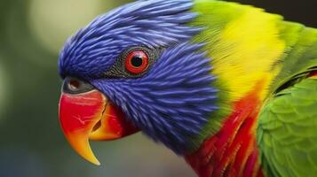 ai generado lado ver de cerca de hermosa y vistoso lorikeet verde nuca pájaro. generativo ai foto