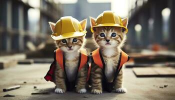 ai generado dos gatitos vistiendo difícil sombreros en un construcción sitio. generativo ai foto