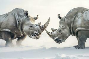 AI generated Two Rhinoceros getting ready for fight on Ice. AI Generated photo