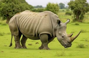 AI generated White Rhino grazing. AI Generated photo