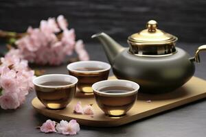 ai generado tradicional ceremonia. tazas de elaborada té, tetera y sakura flores en gris mesa. generativo ai foto