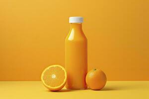 AI generated Orange Juice bottle on orange background. AI Generated photo