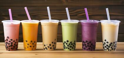 AI generated Plastic cups of different tasty bubble tea on wooden background. Generative AI photo