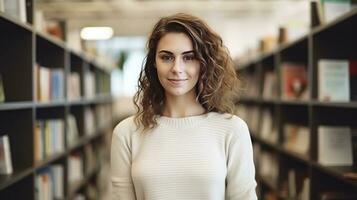 ai generado un joven hembra profesor con ondulado pelo soportes entre librería estantes, rodeado por libros. foto