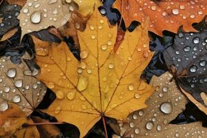 AI generated Close up of fallen leaves on ground in autumn covered in raindrops. Generative AI. photo