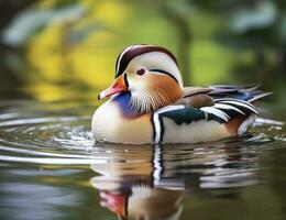 AI generated Closeup of mandarin duck swimming in lake. generative AI. photo