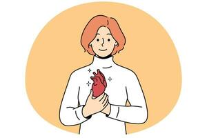 Smiling young man holding heart in hands. Happy female demonstrate healthy heart. Cardiovascular problem and healthcare. Vector illustration.