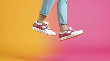 AI generated Flying trendy sneakers on creative colorful background, Stylish fashionable concept. AI Generated photo