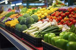 ai generado frutas y vegetales a ciudad mercado. ai generado foto