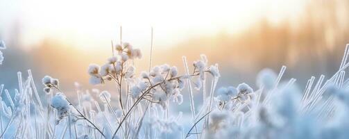 AI generated Frozen snowy grass, winter natural abstract background. beautiful winter landscape. AI Generated photo