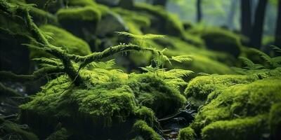 AI generated Green moss closeup, with a backdrop of woodland.  Forest in the national park. AI Generated photo