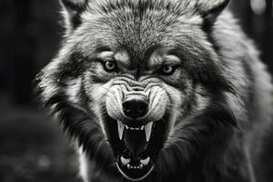 AI generated Greyscale closeup shot of an angry wolf with a blurred background. AI Generated photo