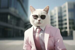 AI generated A cat is wearing sunglasses, suit and standing on street. AI Generated photo