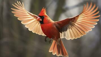 AI generated Northern Cardinal coming in for a landing. Generative AI photo