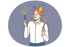 Smiling young man in birthday hat holding sparklers celebrating. Happy businessman have fun enjoy fireworks at party. Vector illustration.