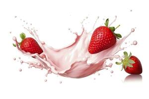 AI generated milk or yogurt splash with strawberries isolated on white background, 3d rendering. AI Generated photo